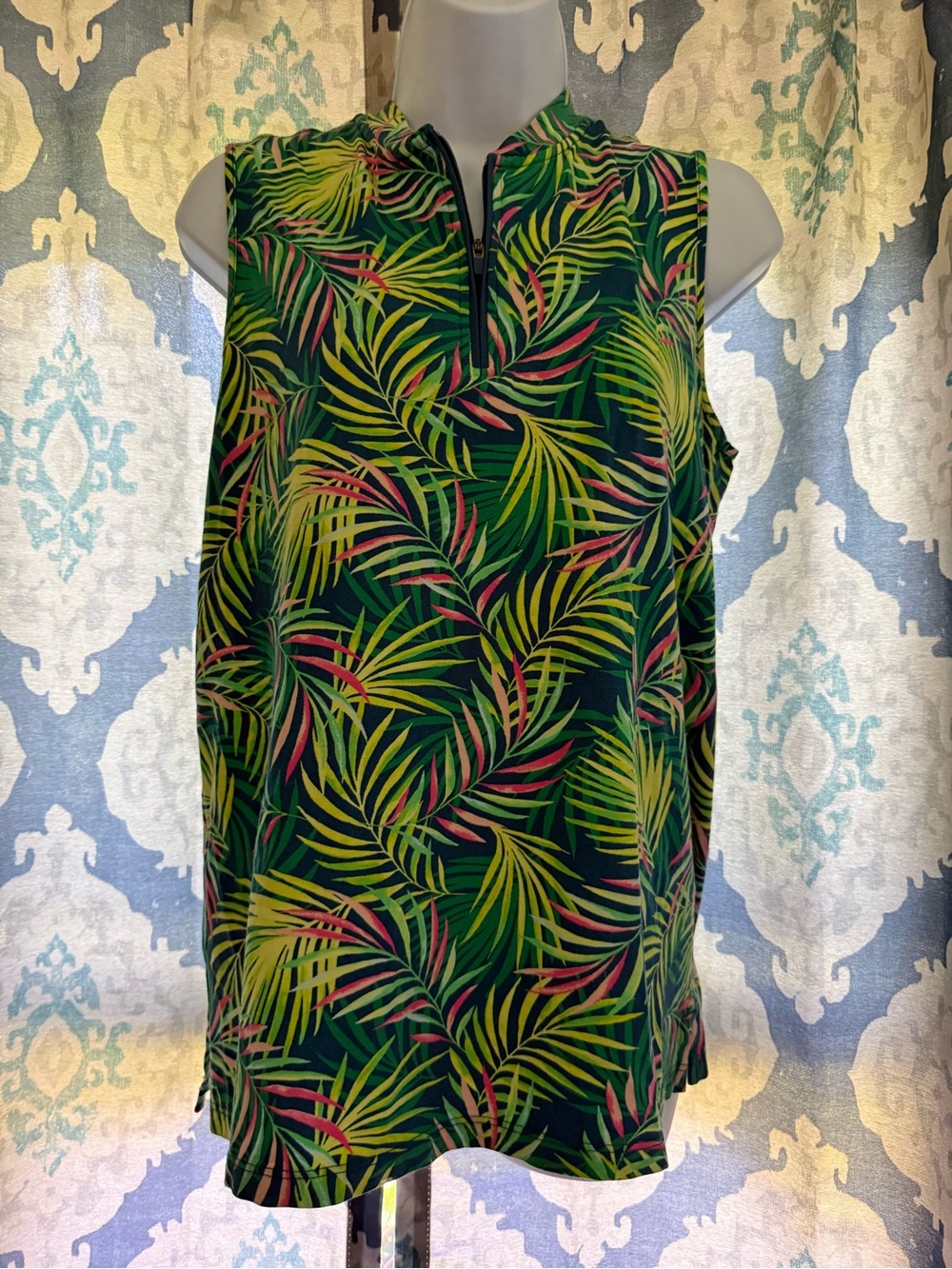 Lands’ End Colorful Tropical Palm Leaf Print 1/4 Zip Sleeveless Top M 10/12
